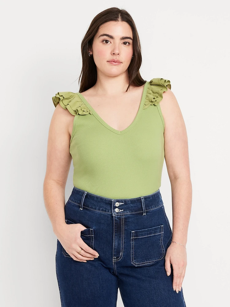Ruffle-Trim Mixed Material Top