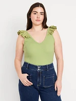 Ruffle-Trim Mixed Material Top
