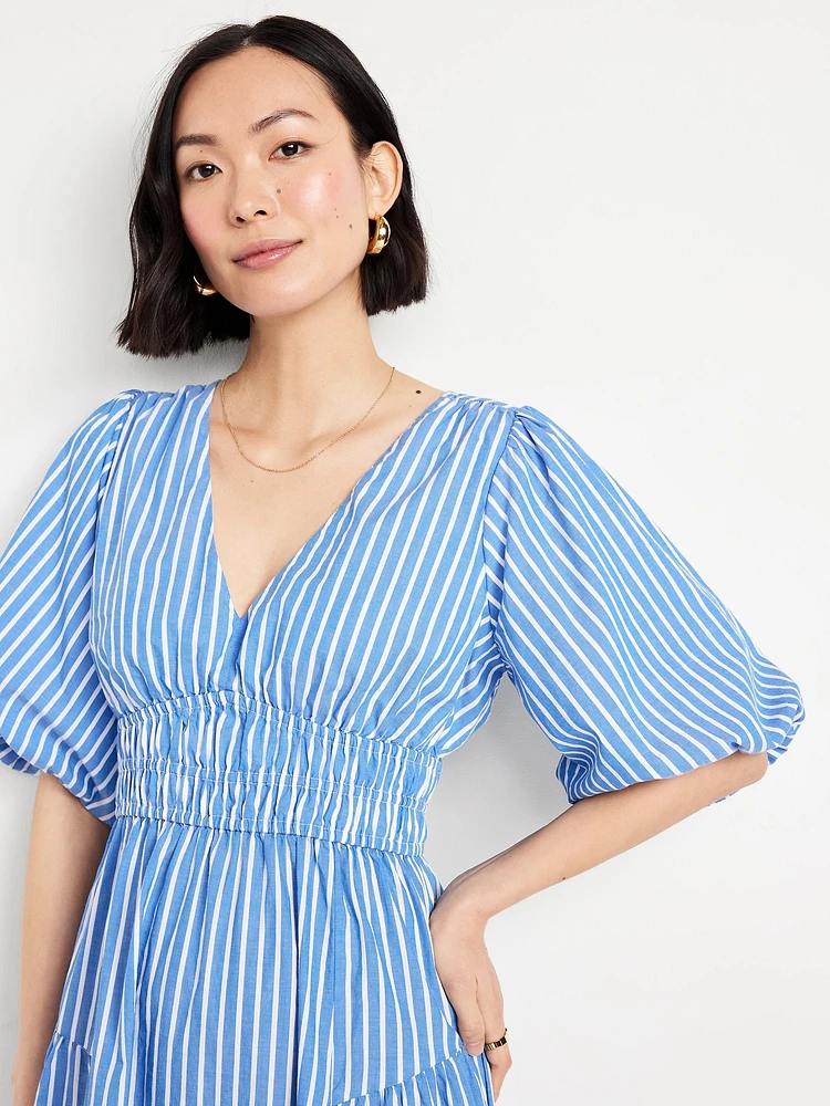 Waist-Defined Puff-Sleeve Midi Dress