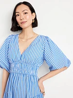 Waist-Defined Puff-Sleeve Midi Dress