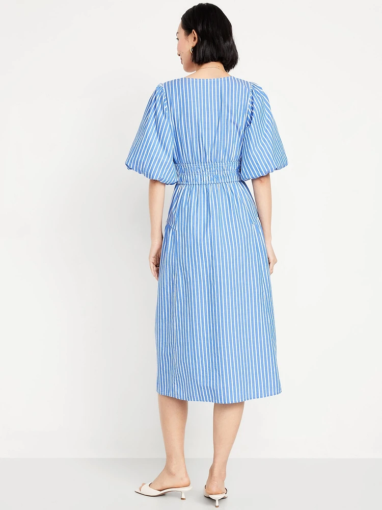 Waist-Defined Puff-Sleeve Midi Dress