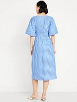 Waist-Defined Puff-Sleeve Midi Dress