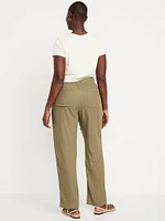 High-Waisted Linen-Blend Straight Ankle Pants