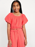 Cropped Short Puff-Sleeve Double-Weave Top for Girls