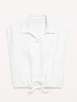 Button-Front Tie-Knot Linen-Blend Shirt for Girls