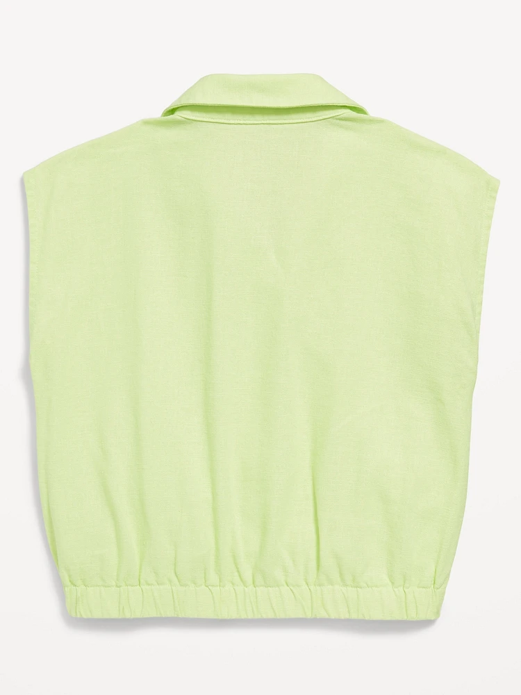 Button-Front Tie-Knot Linen-Blend Shirt for Girls