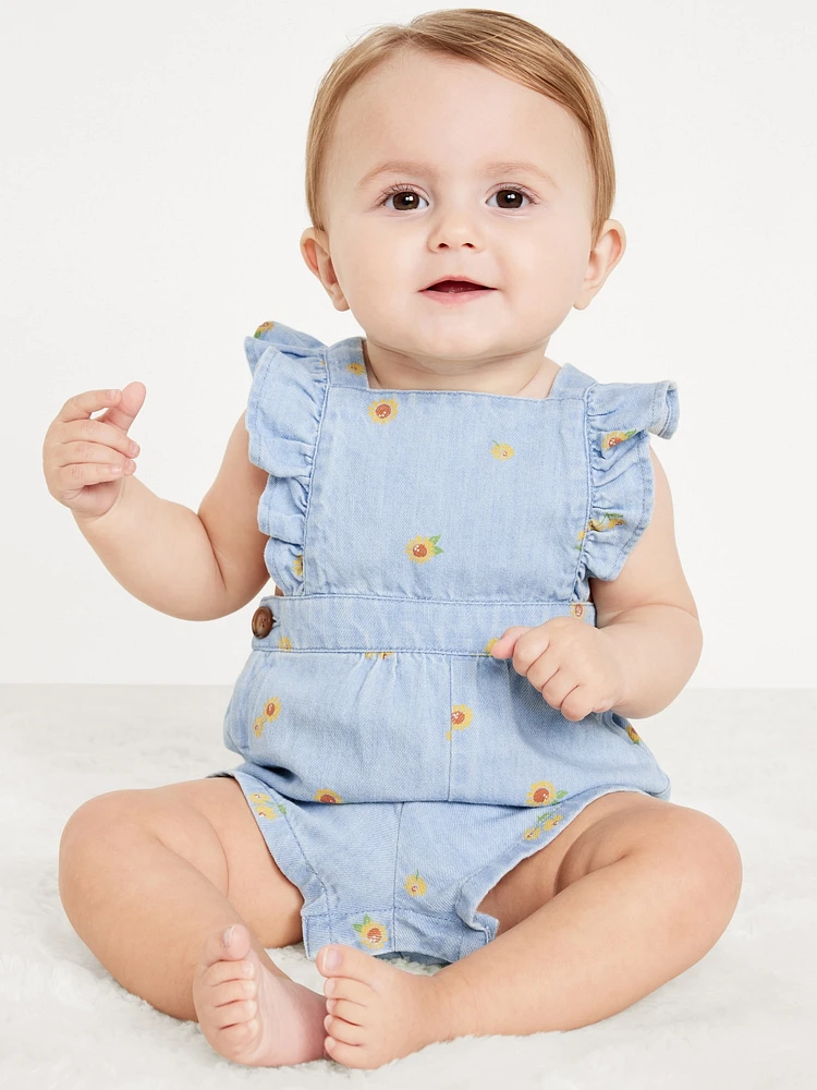 Printed Ruffle-Trim Chambray Shortalls for Baby