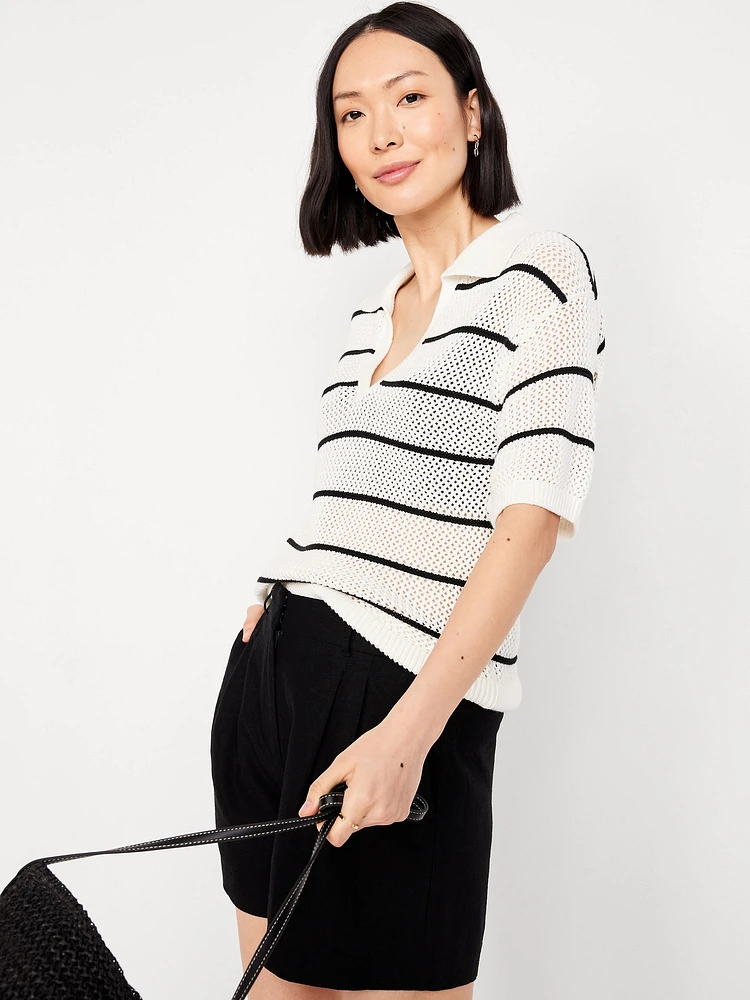 Open-Stitch Polo Sweater