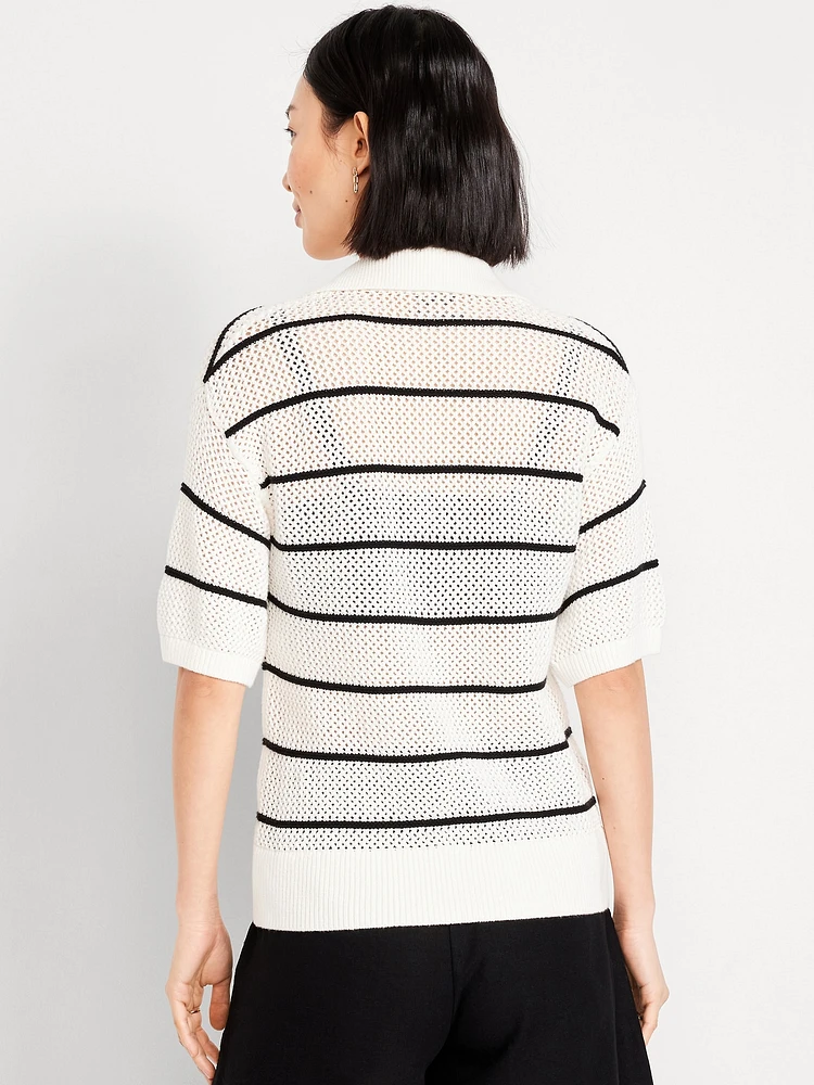 Open-Stitch Polo Sweater