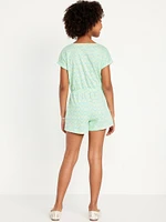 Printed Short-Sleeve Button-Front Romper for Girls
