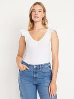 Ruffle-Trim Mixed Material Top