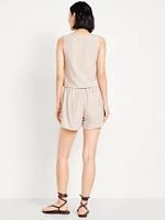 High-Waisted Faux-Wrap Linen-Blend Mini Skort