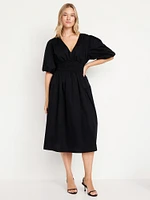 Waist-Defined Puff-Sleeve Midi Dress