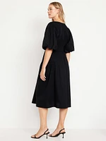 Waist-Defined Puff-Sleeve Midi Dress