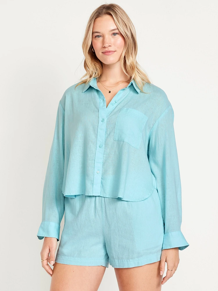 Linen-Blend Button-Down Crop Shirt