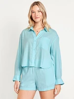 Linen-Blend Button-Down Crop Shirt