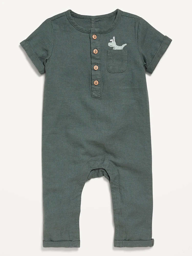 Short-Sleeve Henley Linen-Blend One-Piece for Baby