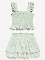 Printed Sleeveless Smocked Top and Tulle Skirt Set for Toddler Girls