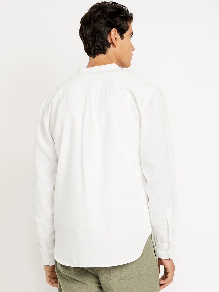 Banded-Collar Linen-Blend Shirt