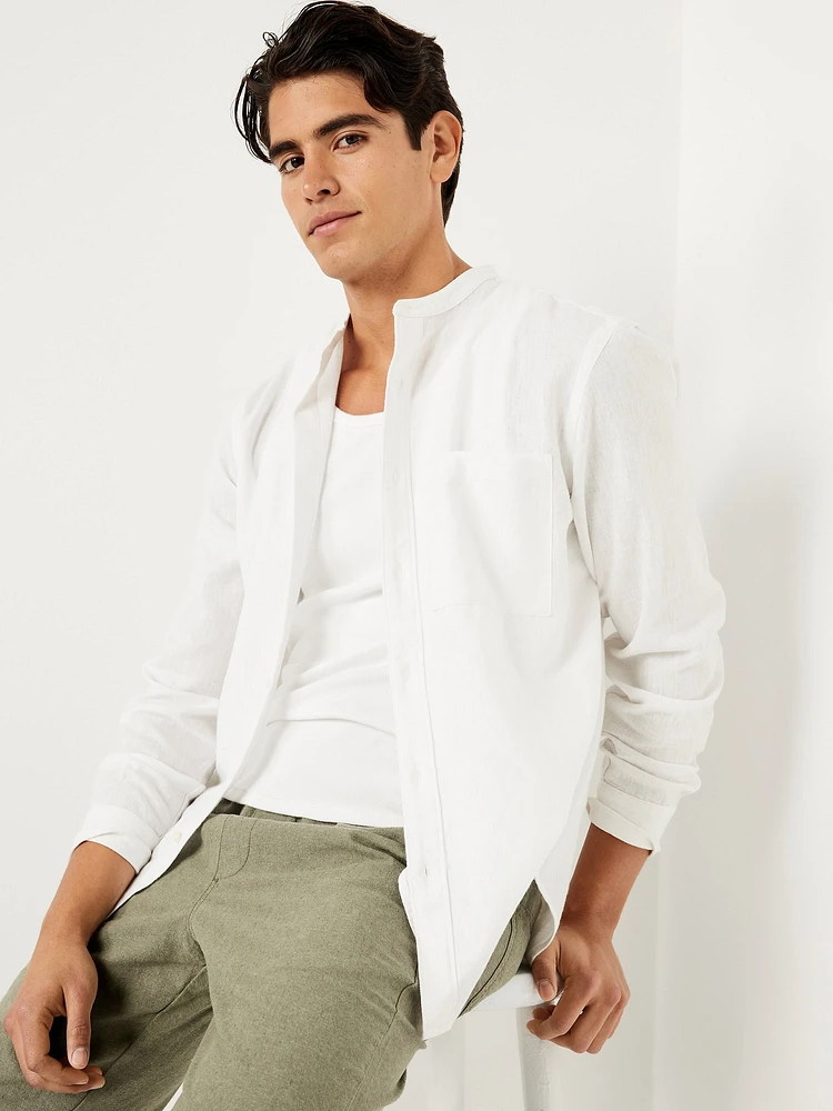 Banded-Collar Linen-Blend Shirt