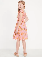 Printed Flutter-Sleeve Smocked Fit and Flare Dress for Girls