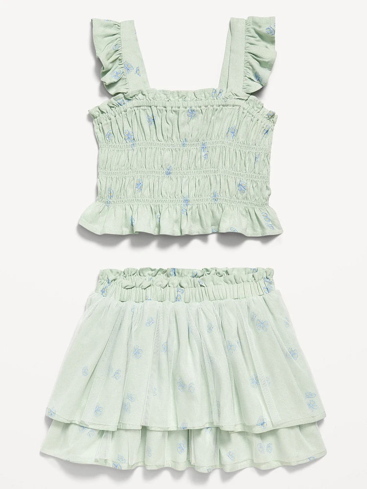 Printed Sleeveless Smocked Top and Tulle Skirt Set for Toddler Girls