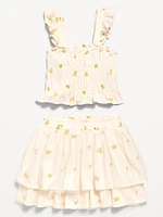 Printed Sleeveless Smocked Top and Tulle Skirt Set for Toddler Girls