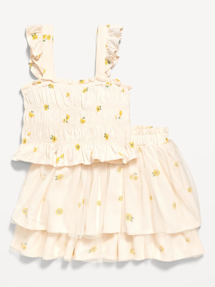Printed Sleeveless Smocked Top and Tulle Skirt Set for Toddler Girls