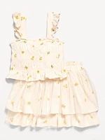 Printed Sleeveless Smocked Top and Tulle Skirt Set for Toddler Girls