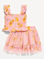 Printed Sleeveless Smocked Top and Tulle Skirt Set for Toddler Girls