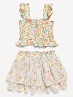 Printed Sleeveless Smocked Top and Tulle Skirt Set for Toddler Girls