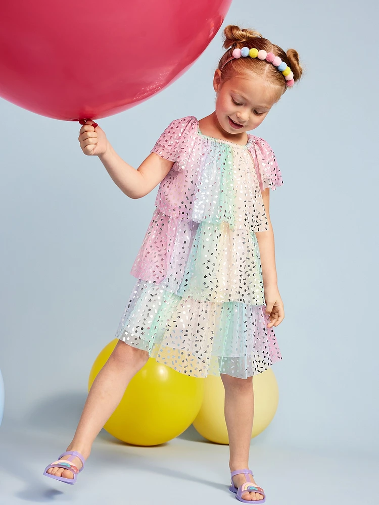 Birthday Short-Sleeve Tulle Tiered Dress for Toddler Girls