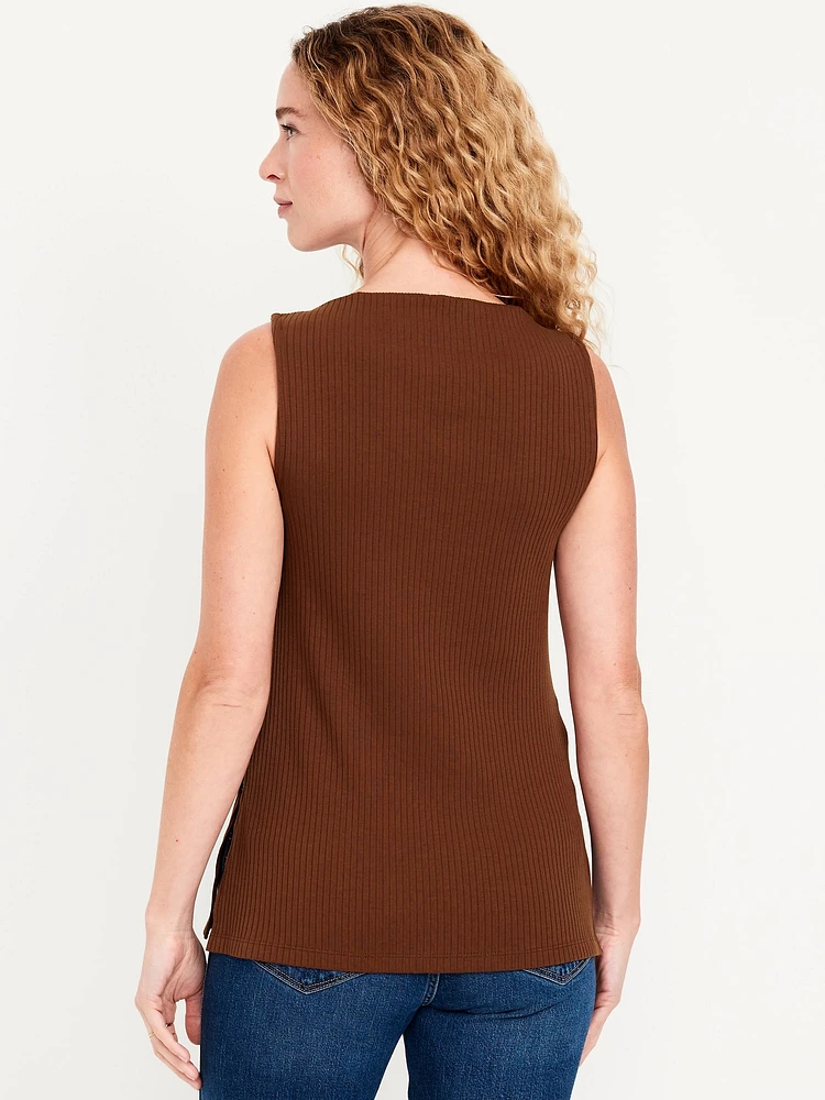 Slit-Neck Ribbed Top