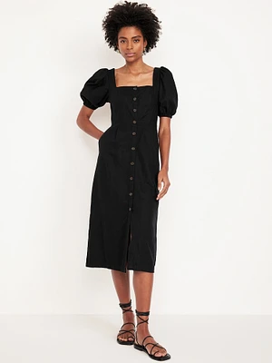 Linen-Blend Button-Front Midi Dress