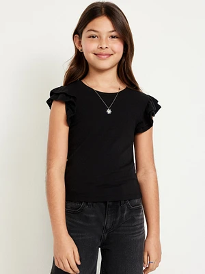 Fitted Short-Sleeve Ruffle-Trim Ribbed Top for Girls