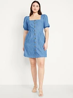 Puff-Sleeve Jean Mini Dress