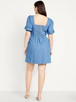 Puff-Sleeve Jean Mini Dress