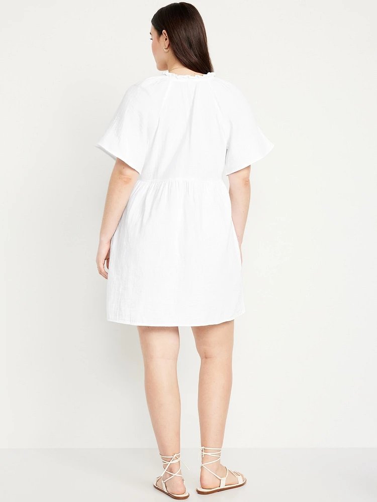 Split-Neck Crinkle Gauze Mini Swing Dress
