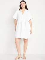 Split-Neck Crinkle Gauze Mini Swing Dress