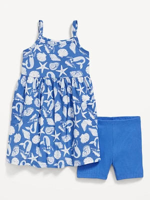 Printed Sleeveless Dress and Biker Shorts Set for Toddler Girls