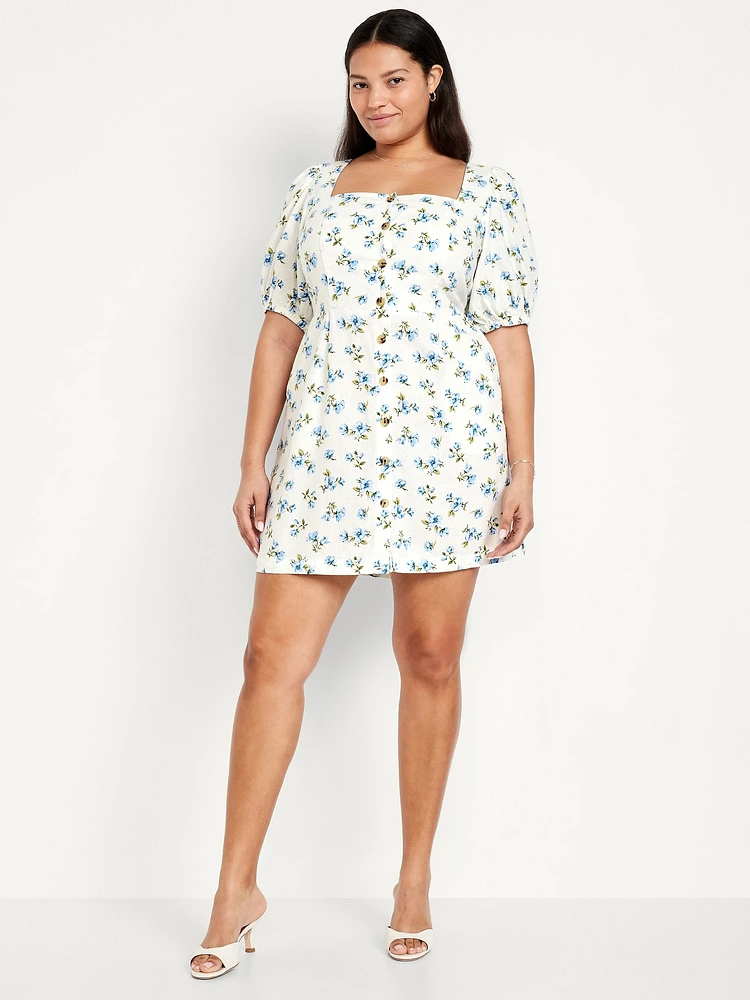 Puff-Sleeve Linen-Blend Mini Dress