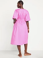 Waist-Defined Puff-Sleeve Midi Dress