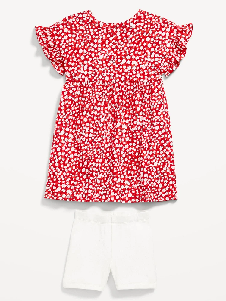 Printed Flutter-Sleeve Dress and Biker Shorts Set for Toddler Girls