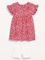 Printed Flutter-Sleeve Dress and Biker Shorts Set for Toddler Girls