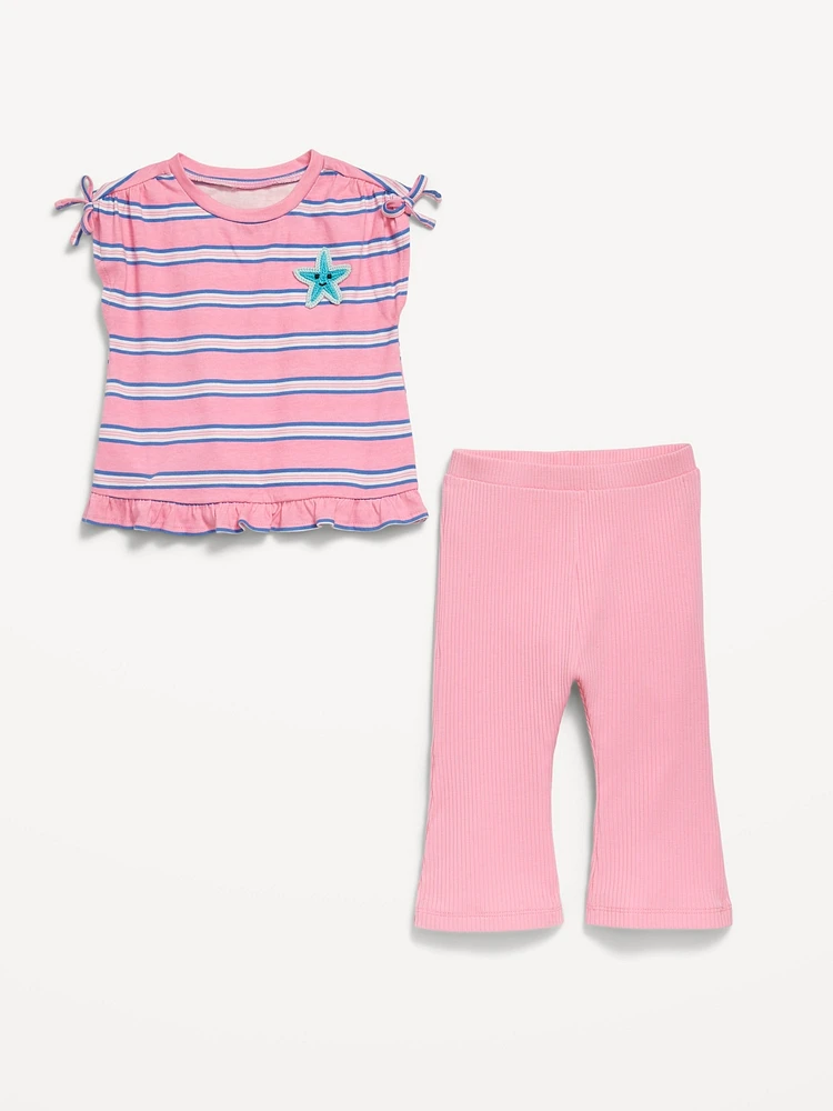 Printed Ruffle-Trim Top and Ribbed Flare Leggings Set for Baby
