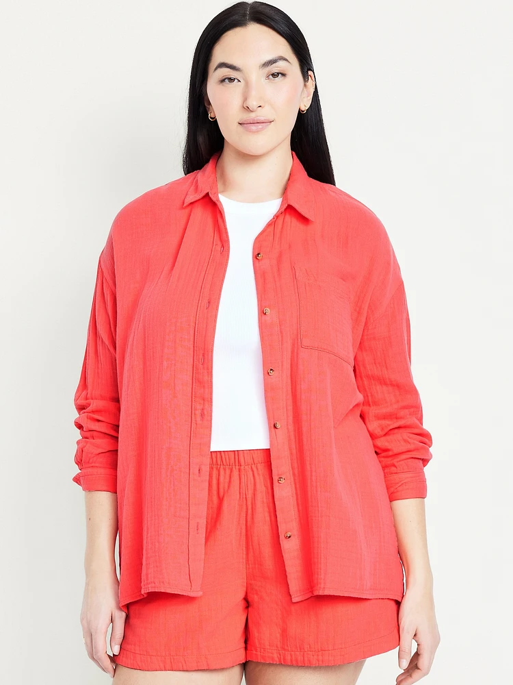 Crinkle Gauze Loose Button-Down Shirt