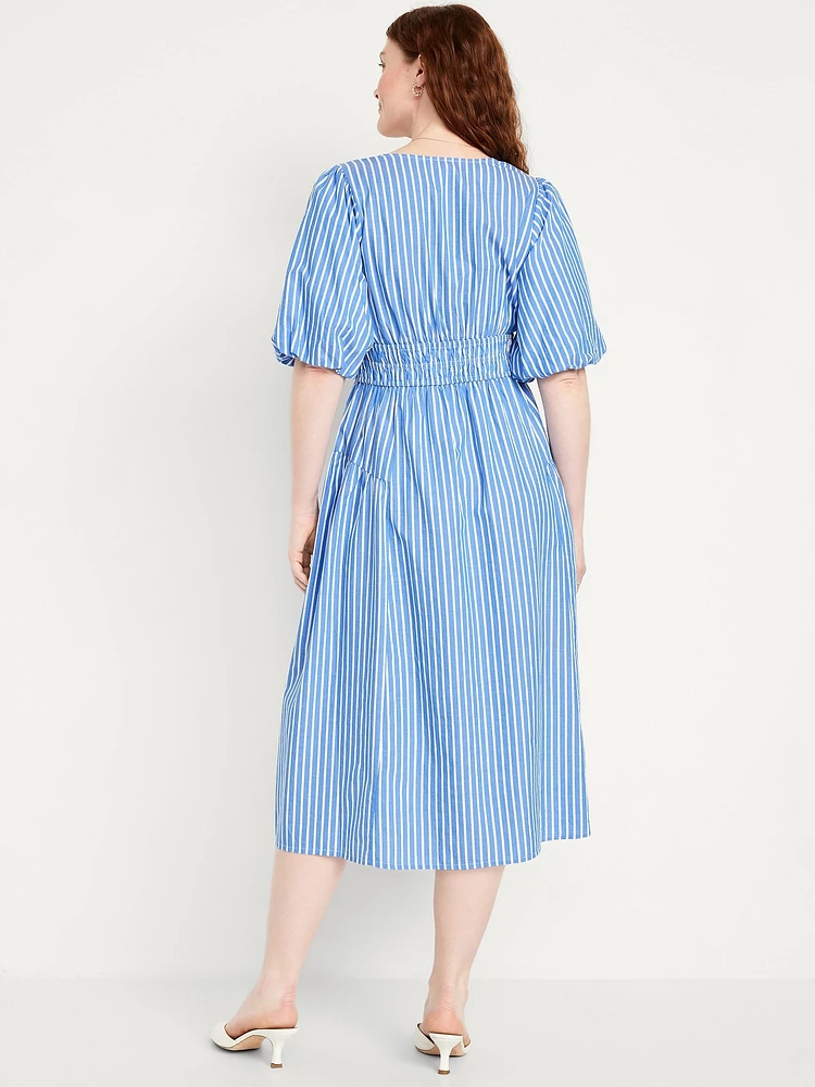 Waist-Defined Puff-Sleeve Midi Dress