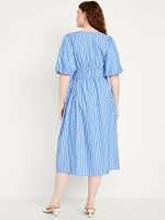 Waist-Defined Puff-Sleeve Midi Dress