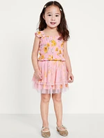 Printed Sleeveless Smocked Top and Tulle Skirt Set for Toddler Girls
