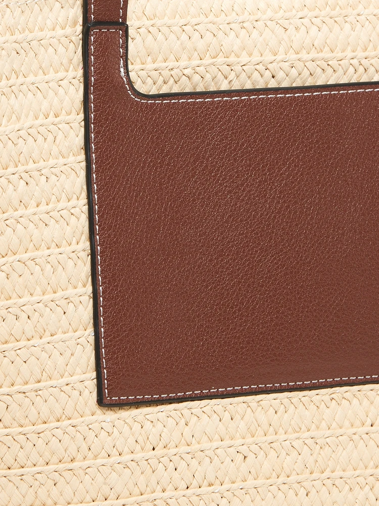 Faux-Leather Drawstring Straw Tote